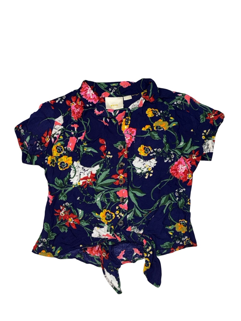 MAEVE by Anthropologie Navy Floral Button Front Tie Top